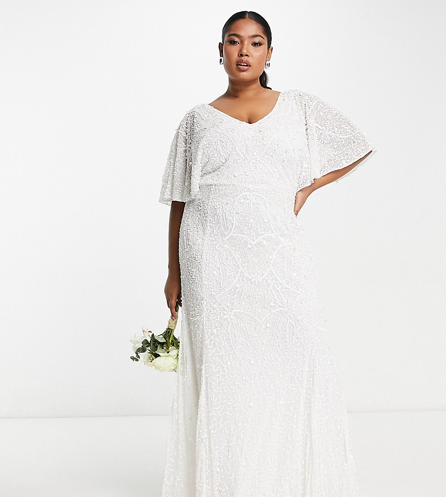 Beauut Plus Bridal allover embellished beaded maxi dress with frill detail in white