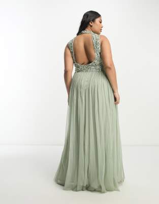Beauut Beauut Plus Bridesmaid 2 in 1 embellished maxi dress with full tulle skirt in sage-Green
