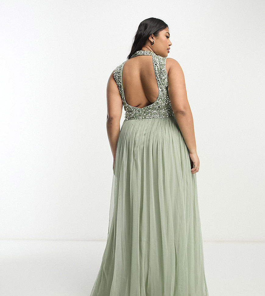 Beauut Plus Bridesmaid 2 in 1 embellished maxi dress with full tulle skirt in sage-Green
