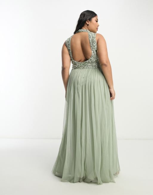 Beauut Plus Bridesmaid in embellished maxi dress with full tulle skirt  in sage ASOS
