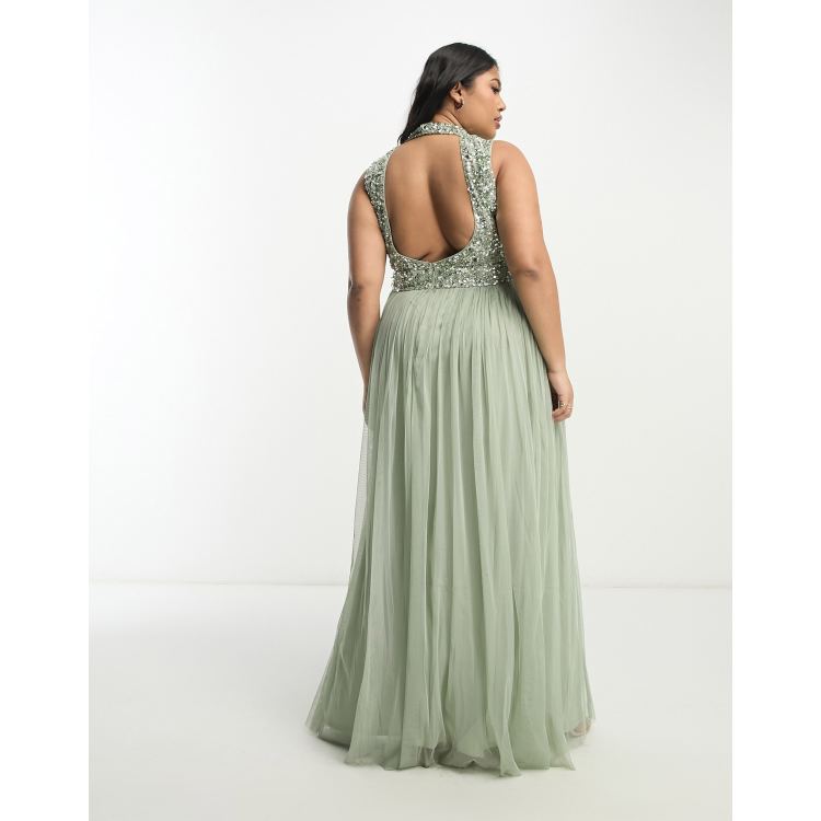 Beauut Plus Bridesmaid 2 in 1 embellished maxi dress with full tulle skirt  in sage