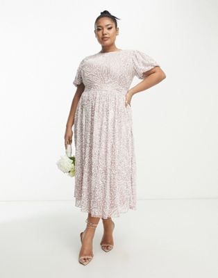 Beauut Plus Bridesmaid allover embellished midi dress with contrast embellishment in frosted pink