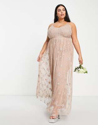 Beauut Beauut Plus Bridesmaid delicate embellished maxi dress with tulle skirt in taupe-Neutral