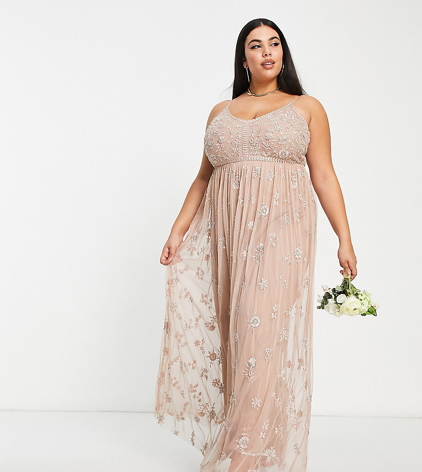 Beauut Plus Bridesmaid delicate embellished maxi dress with tulle skirt in taupe-Neutral