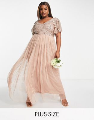 Beauut Plus Bridesmaid embellished bodice maxi dress with flutter sleeve in taupe
