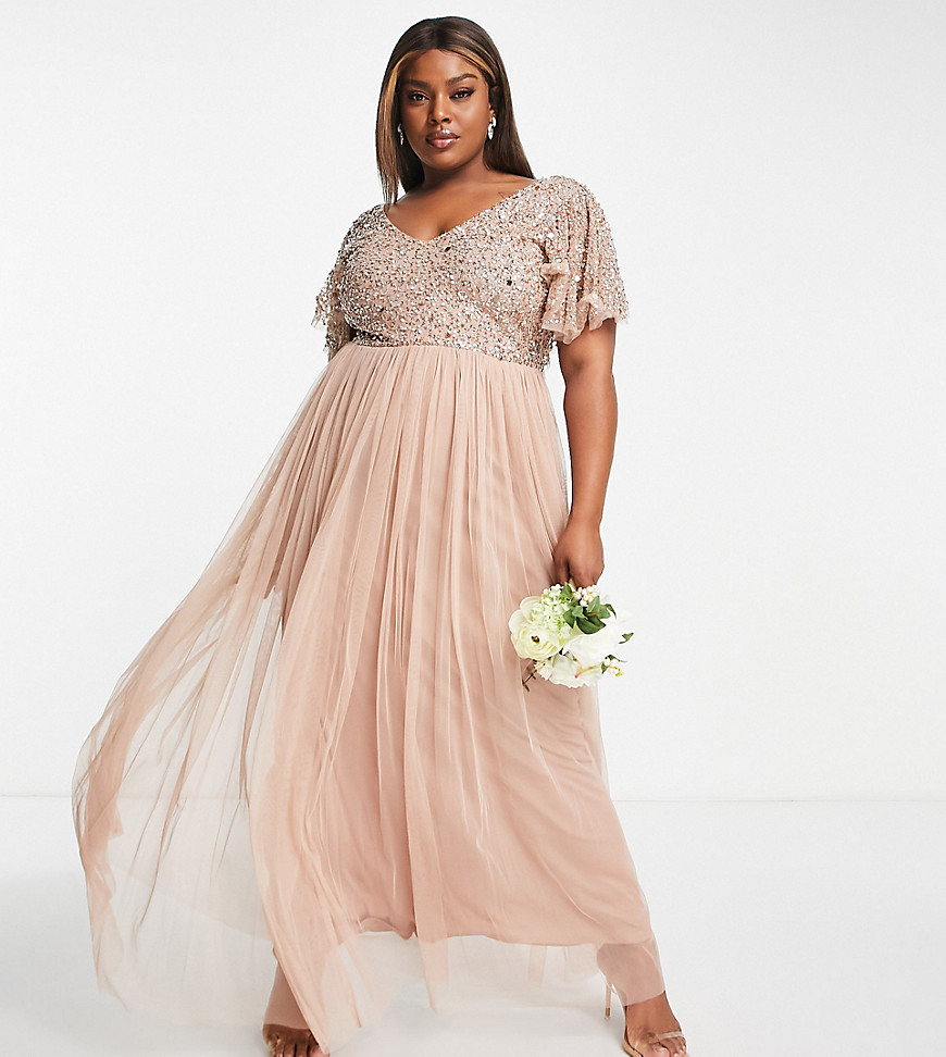 Beauut Plus Bridesmaid embellished bodice maxi dress with flutter sleeve in taupe-Neutral