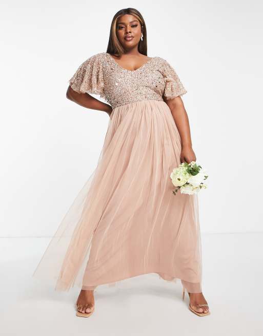 Beauut Plus Bridesmaid embellished bodice maxi dress with flutter sleeve in taupe