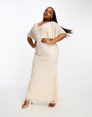 Plus Bridesmaid embellished maxi dress with flutter sleeve in champagne-Neutral