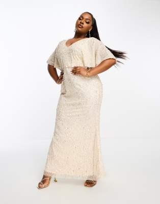 Beauut Plus Bridesmaid embellished maxi dress with flutter sleeve in champagne