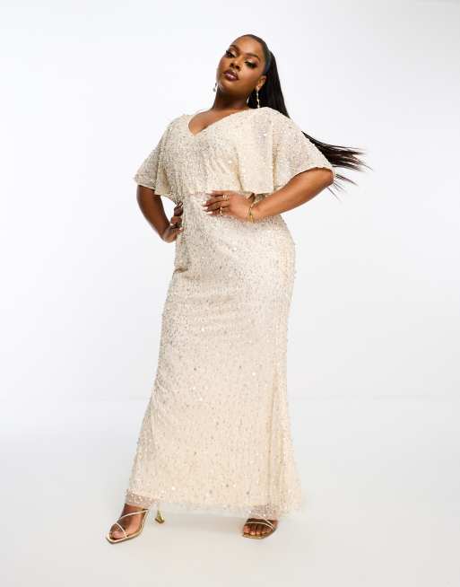 Beauut Plus Bridesmaid embellished maxi dress with flutter sleeve in champagne ASOS