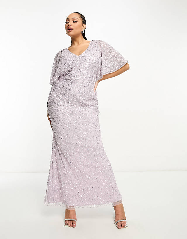 Beauut - plus bridesmaid embellished maxi dress with flutter sleeve in lilac
