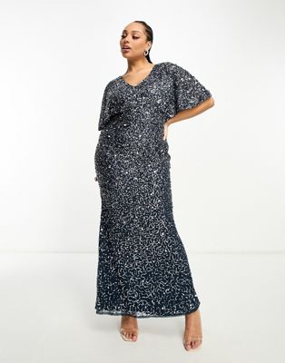 Plus Bridesmaid embellished maxi dress with flutter sleeve in navy