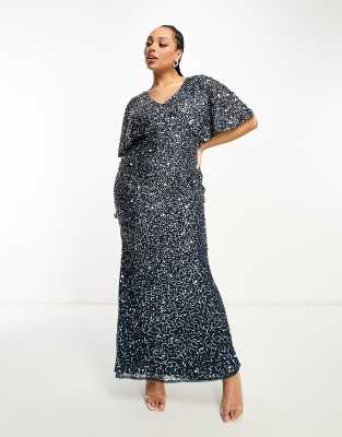 Beauut Plus Bridesmaid Embellished Maxi Dress With Flutter Sleeve In Navy Asos 