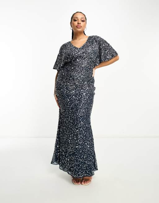 Beauut Plus Bridesmaid embellished maxi dress with flutter sleeve in navy, 2 of 4