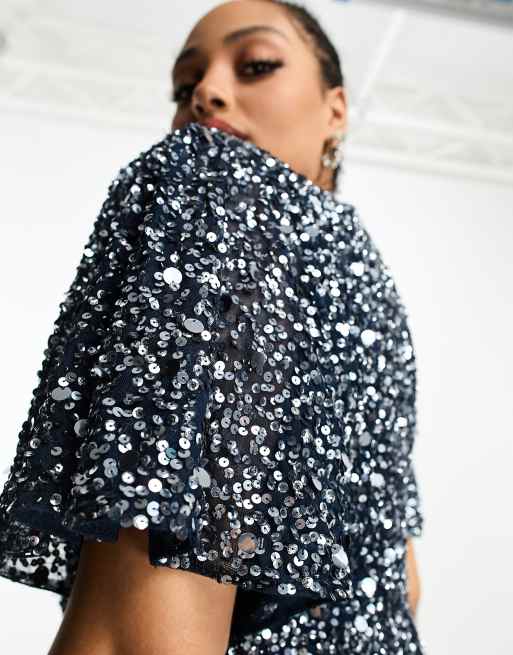 Beauut Plus Bridesmaid embellished maxi dress with flutter sleeve in navy, 3 of 4