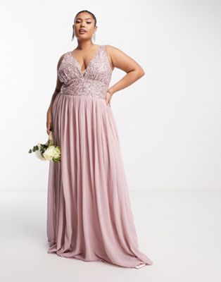 Beauut Plus Bridesmaid embellished V neck maxi dress in frosted pink