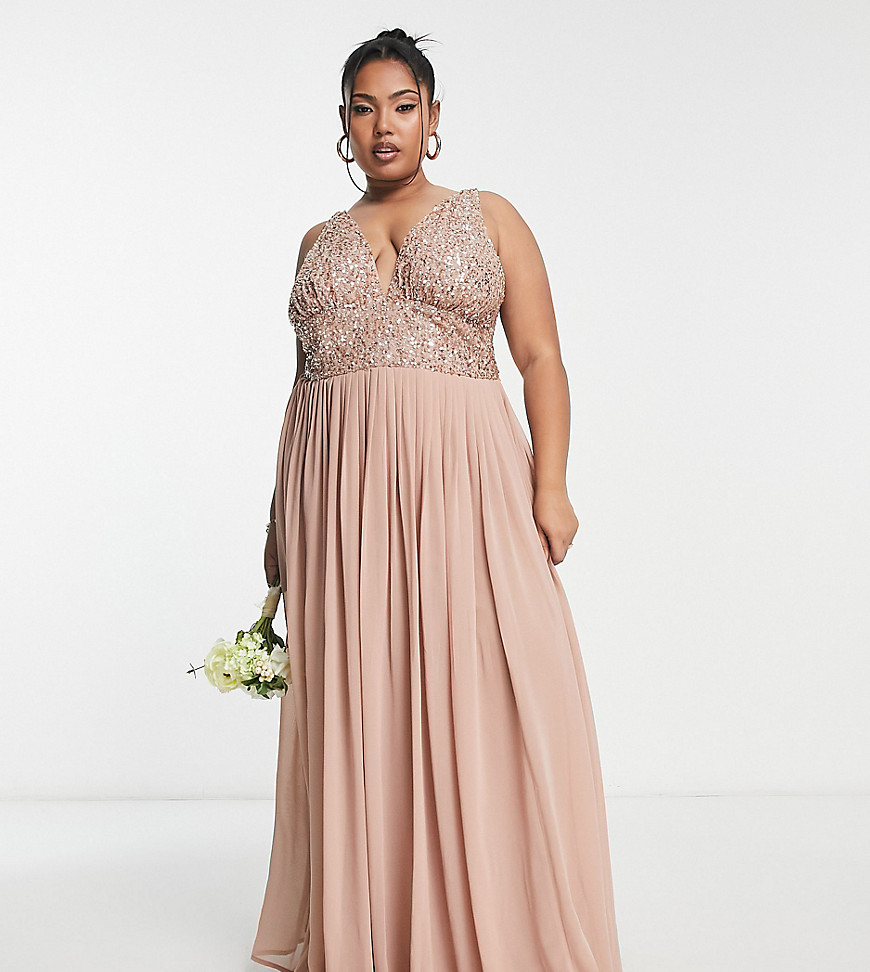 Beauut Plus Bridesmaid embellished V neck maxi dress in taupe-Neutral