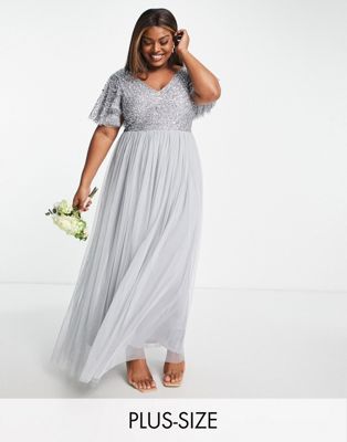 Beauut Plus Bridesmaid emellished bodice maxi dress with flutter sleeve in grey