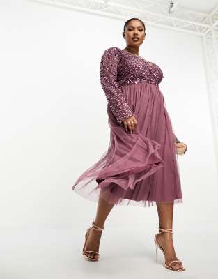 Plus Bridesmaid long sleeve embellished midi dress in mauve-Pink