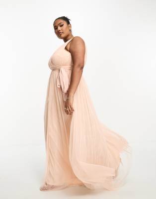 Plus Bridesmaid maxi dress in tulle with bow back in blush-Pink