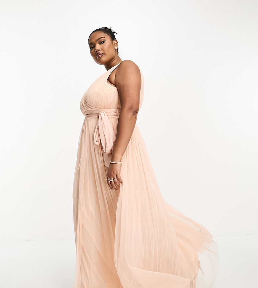 Beauut Plus Bridesmaid maxi dress in tulle with bow back in blush-Pink