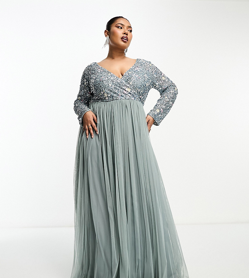 Beauut Bridesmaid Wrap Front Maxi Dress With Mutli Colored Embroidery And Embellishment In Misty Green