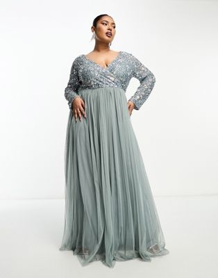 Beauut Plus Bridesmaid wrap front maxi dress with mutli coloured embroidery and embellishment in misty green - ASOS Price Checker