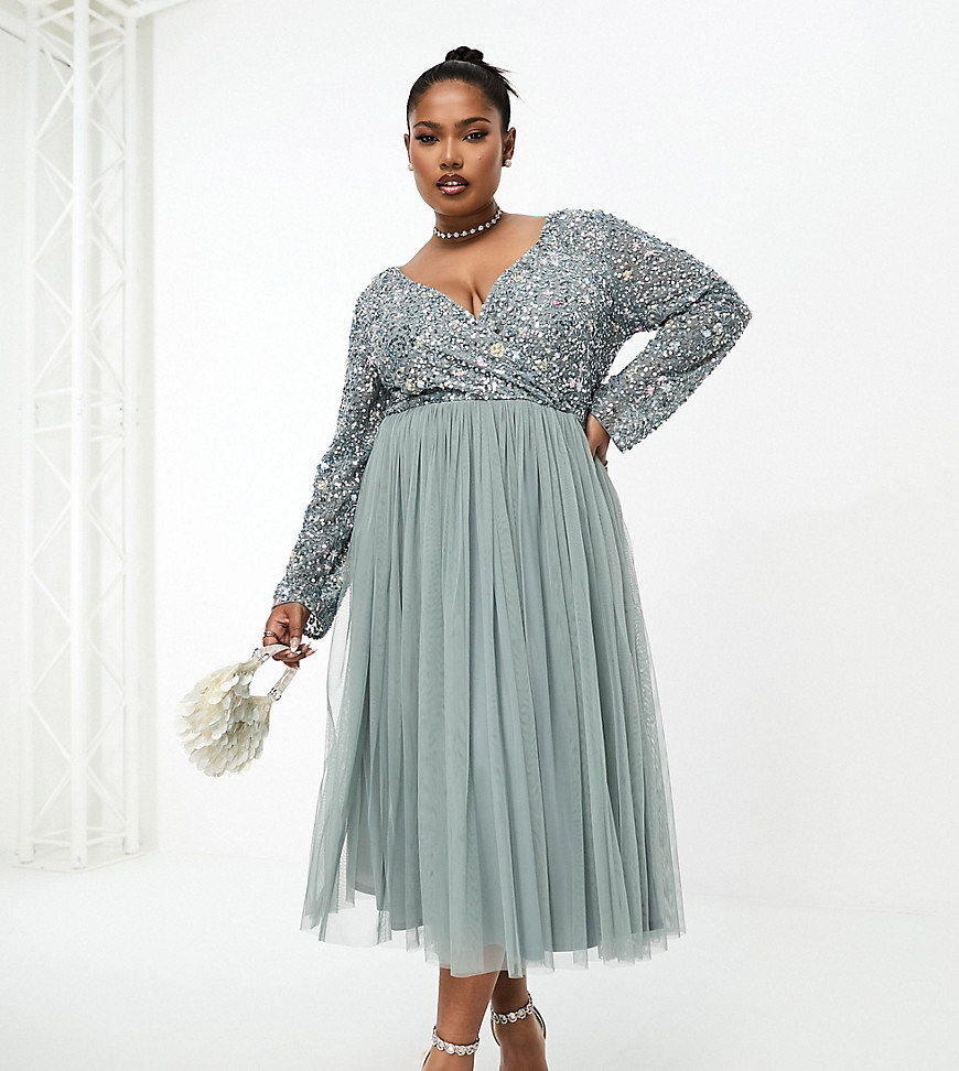Beauut Plus Bridesmaid Wrap Front Midi Dress With Mutli Colored Embroidery And Embellishment In Misty Green In Pink