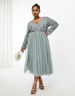 Beauut Plus Bridesmaid wrap front midi dress with mutli coloured embroidery and embellishment in misty green