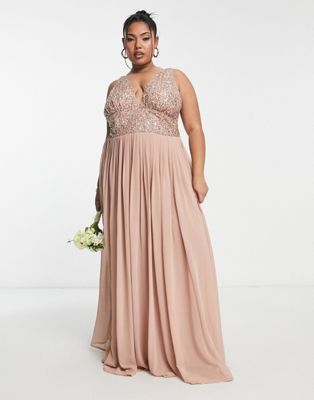 Beauut Plus Bridesmaid embellished V neck maxi dress in taupe - ASOS Price Checker