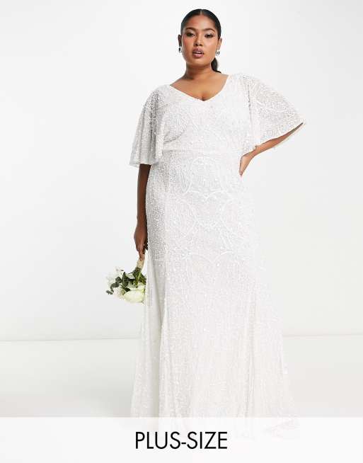 Beauut Plus - Vestito da sposa lungo bianco con volant e motivo decorato con perline