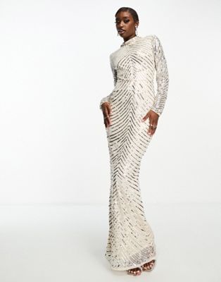 Beauut premium embellished maxi dress with open back in cream and silver