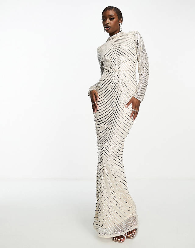 Beauut - premium embellished maxi dress with open back in cream and silver