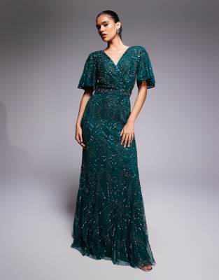 Beauut - Robe cache-caur longue ornementée à manches évasées et col en V - Vert foncé