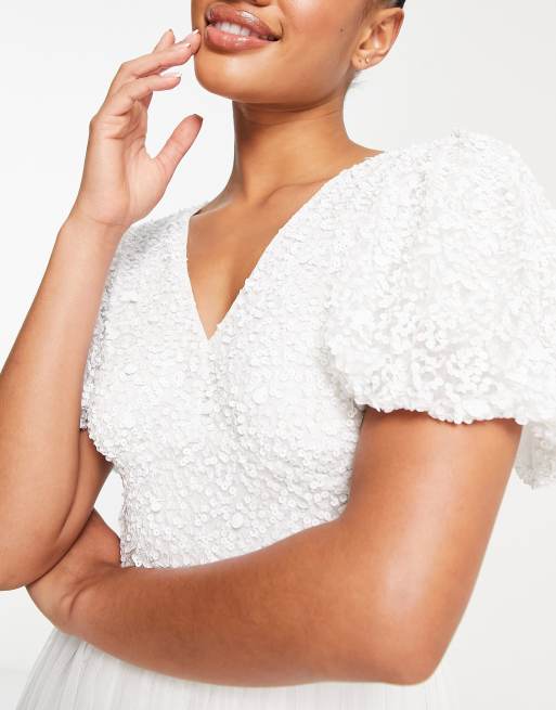 Beauut - Robe de mariée longue à corsage ornementé avec jupe en tulle et manches évasées - Blanc , 3 de 4