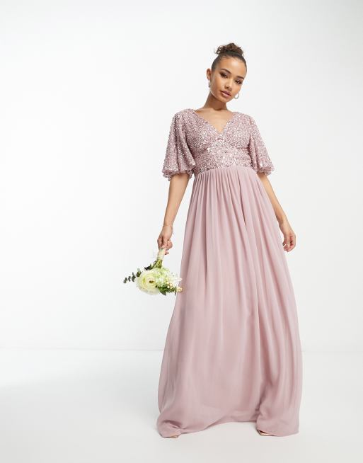 Beauut - Robe longue de demoiselle d'honneur avec corsage ornementé et manches évasées - Rose glacé