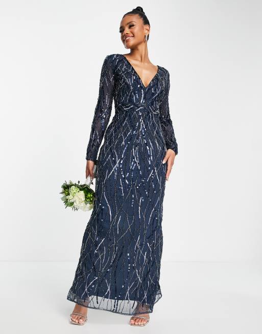 Beauut - Robe longue de demoiselle d'honneur avec ornements sur l'ensemble - Bleu marine