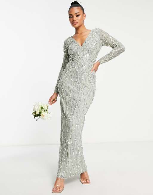 Beauut - Robe longue de demoiselle d'honneur avec ornements sur l'ensemble - Sauge clair , 4 de 4