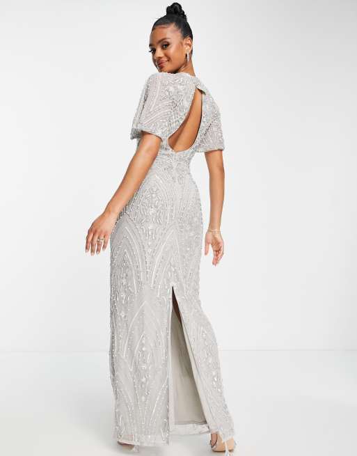 Beauut - Robe longue de demoiselle d'honneur ornementée sur l'ensemble avec manches - Gris , 2 de 4