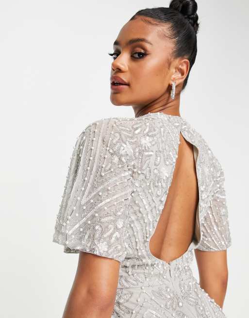 Beauut - Robe longue de demoiselle d'honneur ornementée sur l'ensemble avec manches - Gris , 3 de 4