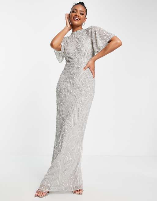 Beauut - Robe longue de demoiselle d'honneur ornementée sur l'ensemble avec manches - Gris , 4 de 4