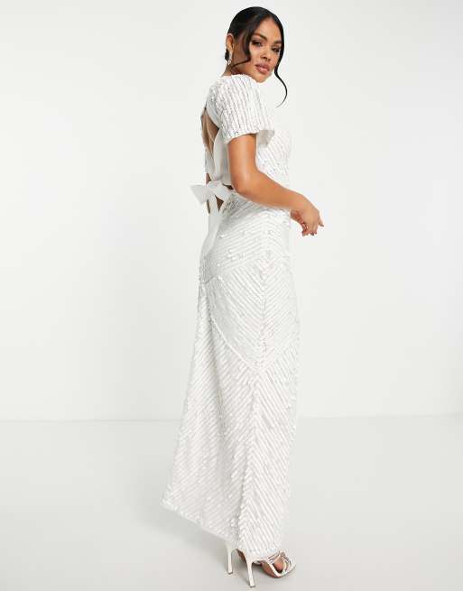 Beauut - Robe longue de mariée ornée de perles avec grand nœud au dos - Blanc, 2 de 4