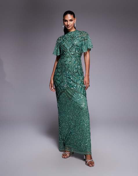 Beauut - Robe longue ornée de perles avec col montant et fente goutte d'eau au dos - Vert foncé - view 1