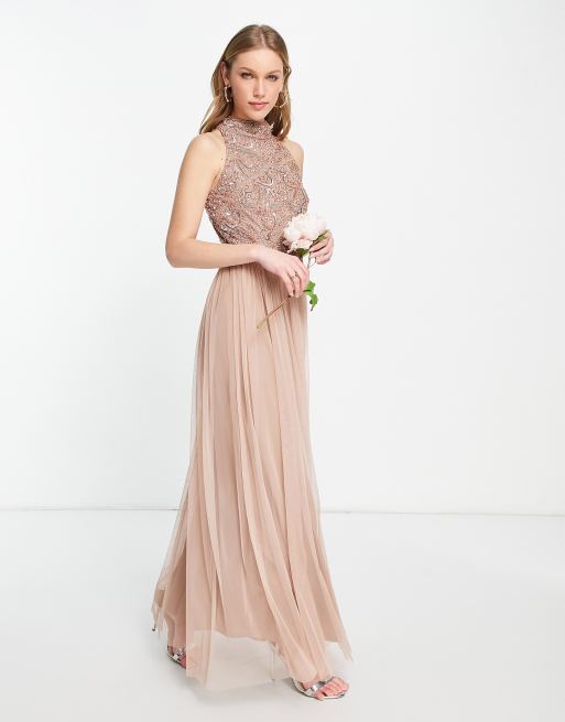 Beauut - Robe longue ornementée pour demoiselle d'honneur avec jupe en tulle - Vison