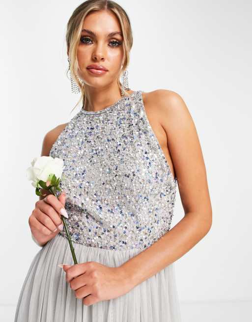 Beauut - Robe mi-longue de demoiselle d'honneur à sequins avec jupe en tulle - Gris clair , 4 de 4