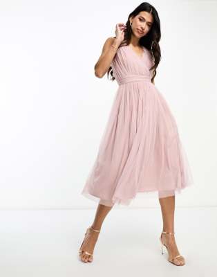 Beauut - Robe mi-longue de mariée en tulle avec nœud dans le dos - Rose glacé - view 1