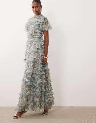 Beauut Ruffle Tiered Flutter Sleeve Volume Maxi Dress In Multi