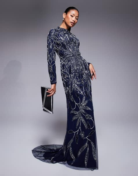 Beauut Safa embellished long sleeve maxi dress in navy