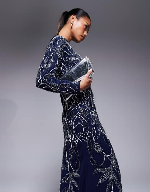 Beauut Safa embellished long sleeve maxi dress in navy