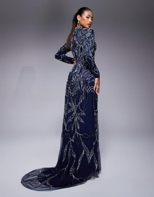 Beauut Safa embellished long sleeve maxi dress in navy